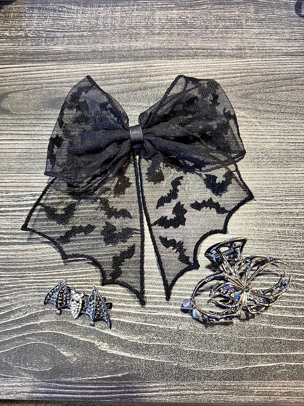 Gothic Bat Bow Hair Accessories in Black & Silver